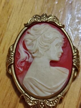Vintage Coral Pink Resin Cameo Brooch Gold Tone Victorian Style Costume Pin